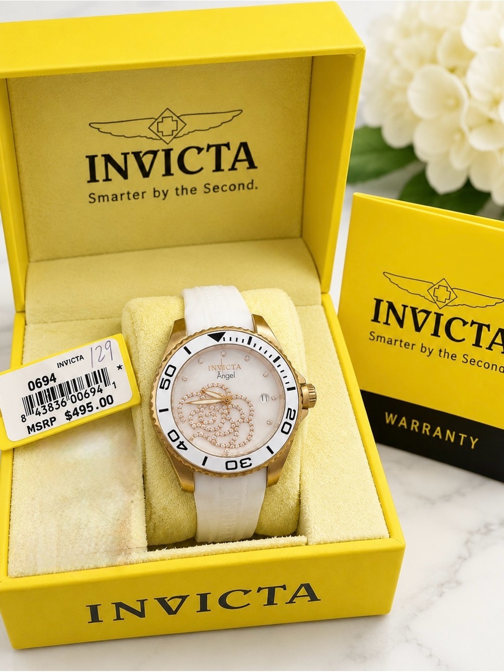 Invicta Angel Gold-Tone & White Silicone Mother-of-Pearl Women’s Watch